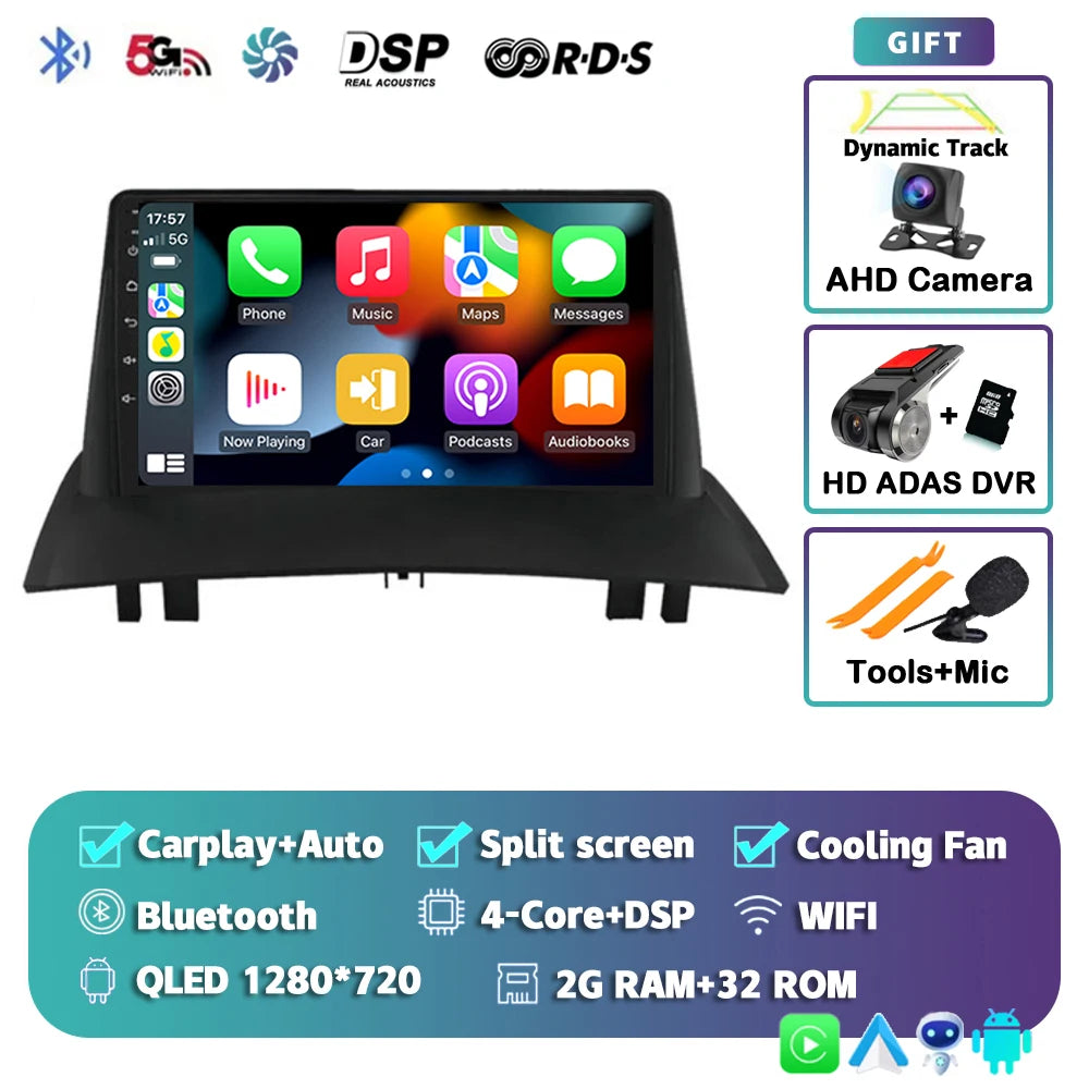 Android 16 For Renault Megane 2 2002-2009 2K QLED Android Car Radio Multimedia Video Player GPS Stereo CarPlay 4G Navigationv BT
