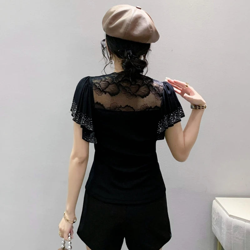Women Casual Diamonds Lace T Shirts Summer 2026 Korean Fashion Y2k Clothes Slim V Neck Harajuku Sexy Ladies Streetwear Tops Tees