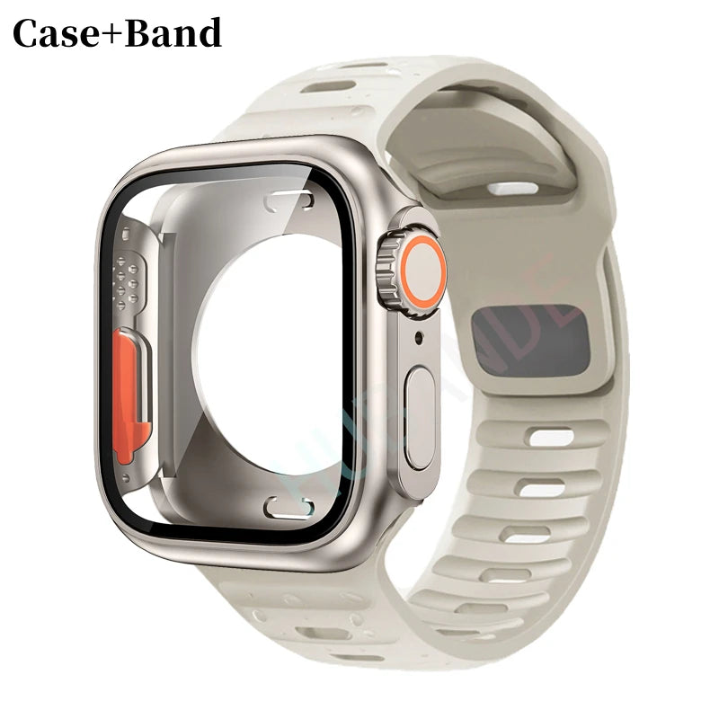 Silicone strap For Apple Watch 44mm 45mm 41mm 40mm Bracelet+Screen protectores Change to Ultra For iWatch Series 9 8 7 SE 6 5 3
