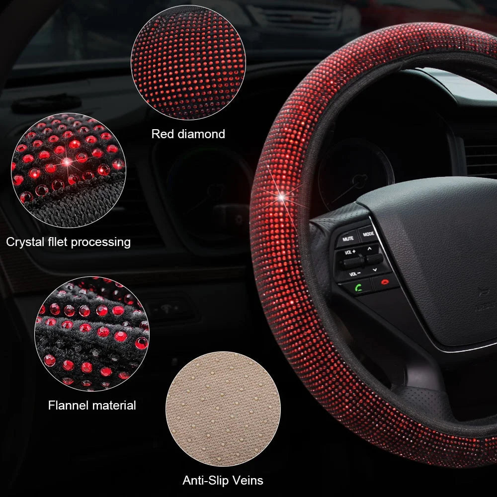 38cm Universal Car SUV Breathable Anti-Slip Bling Rhinestones Steering Wheel Cover for Women Girl with Crystal Diamond Sparkling