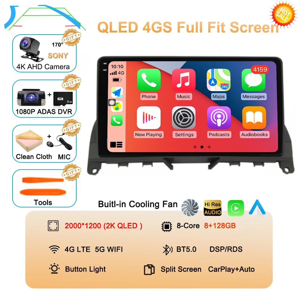 Car Stereo with Apple CarPlay & Android Auto, Compatible with Mercedes-Benz C-Class W204 S204 (C180 C220)