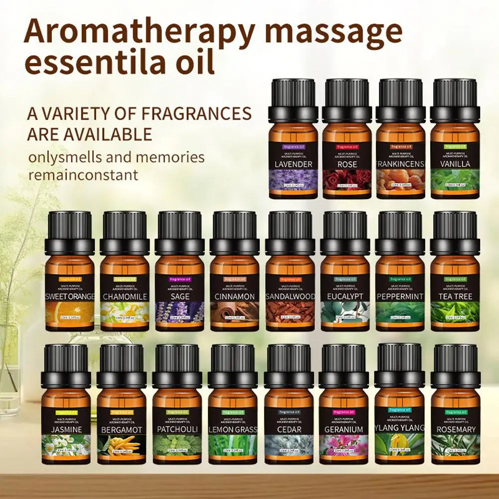 20Flavors 10ml Essential Oils For Aroma Diffuser Air Humidifier Lavender Rose Eucalyptus Sandalwood Air Freshening Aromatherapy