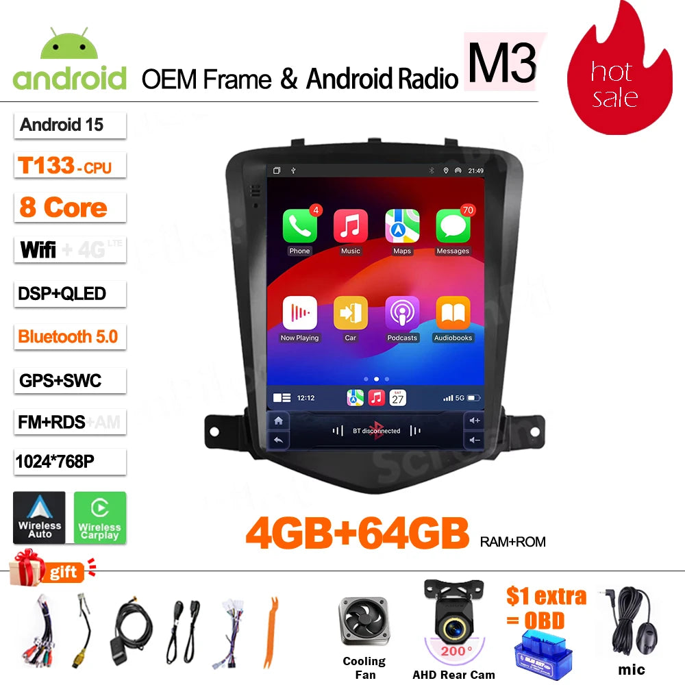 For Chevrolet Cruze J300 2008 - 2012 Android 16 Multimedia Video Player GPS Navigation Wireless Android Auto Touch Screen RDS
