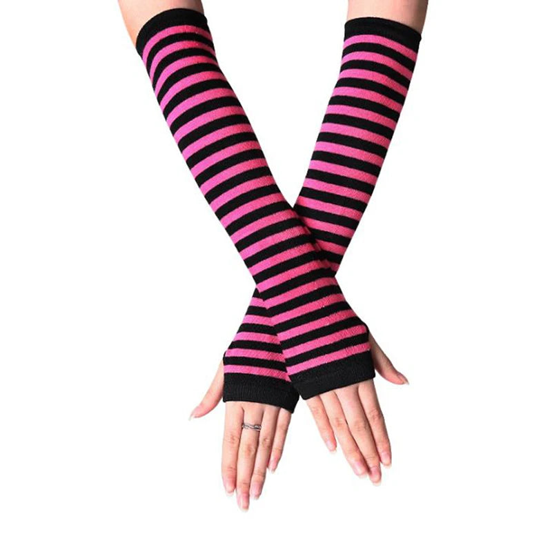 Women's Striped Knit Arm Warmers - Long Fingerless Gloves - photo 8