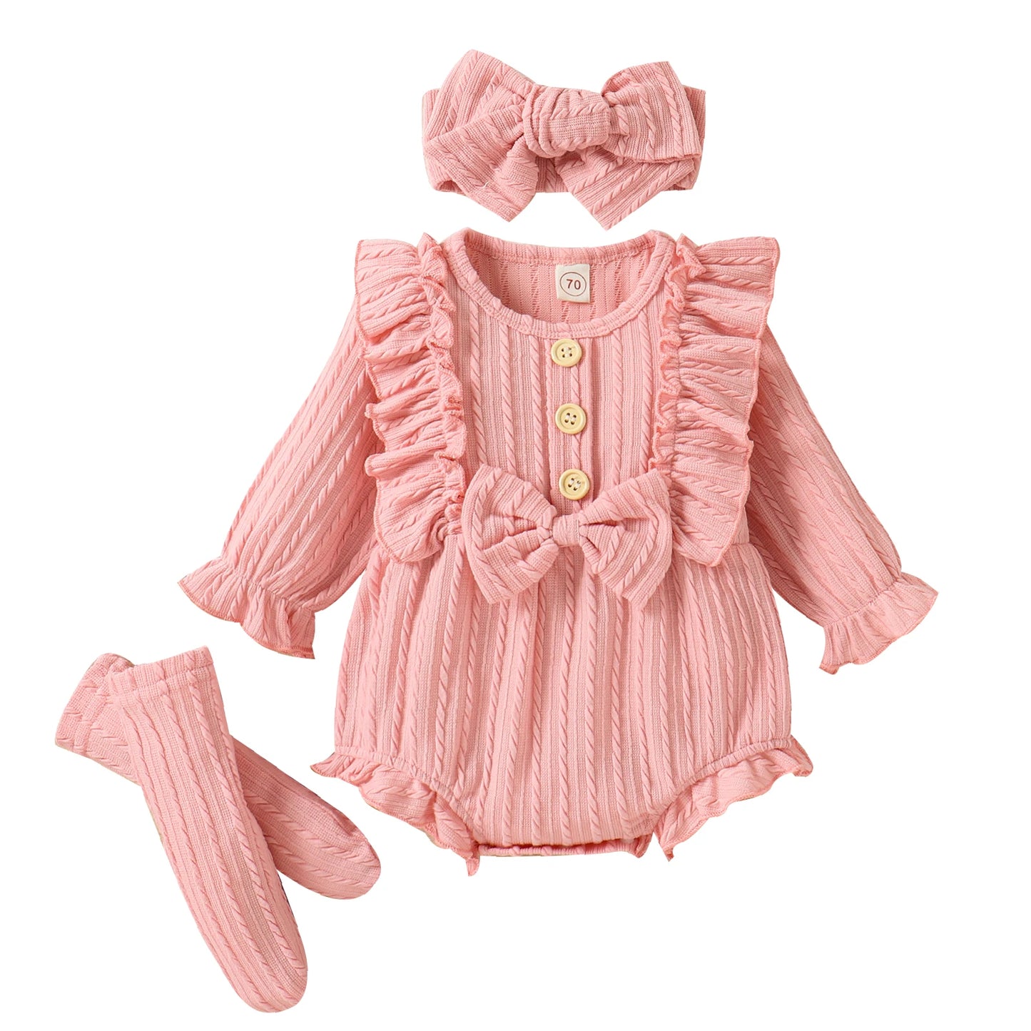 Infant Newborn Baby Girls 3Pcs Spring Autumn Outfits, Long Sleeve Button Front Ruffle Romper + Socks + Headband Set