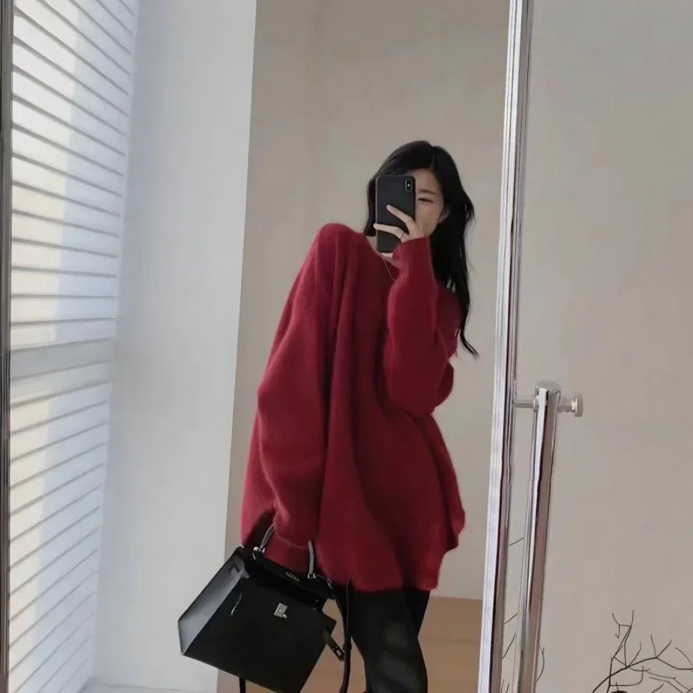 Women's Sweater Long Red Knit Tops for Woman Pullovers Autumn Winter 2025 Y2k Fashion Korea Sleeve Jersey New Collection in Cold