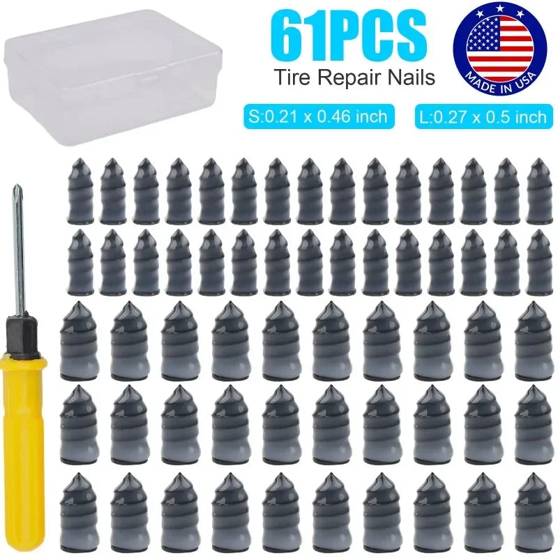 61x Car Tubeless Vacuum Tyre Puncture Repair Kit Screw Nails Tire Patch Plug Fix Tools With Screwdriver & Convenient Storage Box