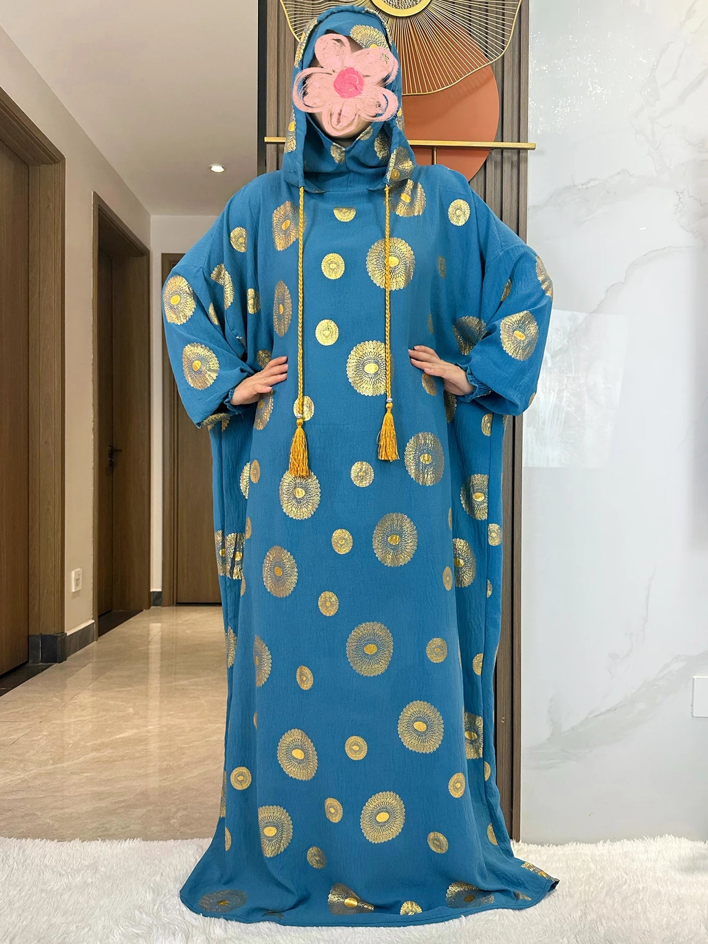 Women's Cotton Embroidered Abaya Kaftan – Gold Dust Shimmer, Loose Fit, All-Season Muslim Dress