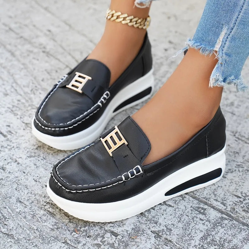 Round-Toe Vulcanized Sneakers for Women — Slip-On Platform Walking Shoes