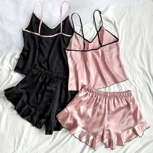 Women's Satin Pajama Set - V-Neck Tee with Ruffle Trim & Bow Shorts - photo 2