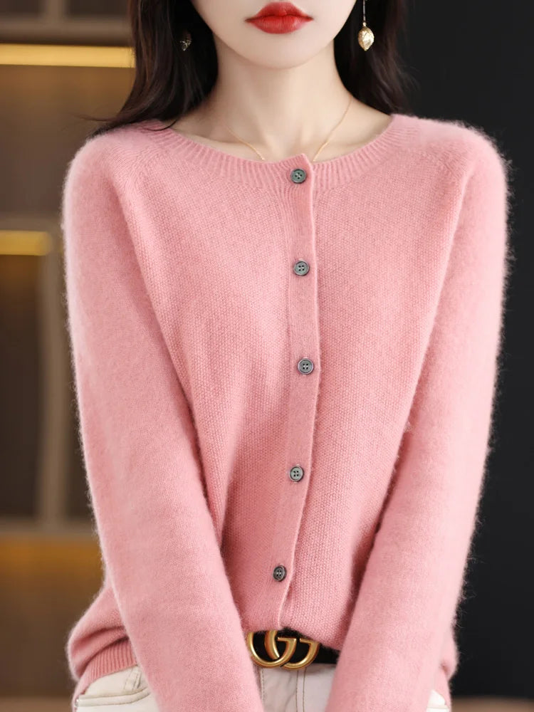 Women Cashmere Sweater 100% Merino Wool Knitted Cardigan Autumn Winter Knitwear O-Neck Female Solid Color Casual Fashion Top