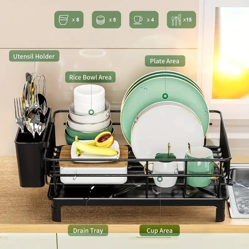 Black Metal Dish Drying Rack with Utensil Holder & Drain Board - photo 2