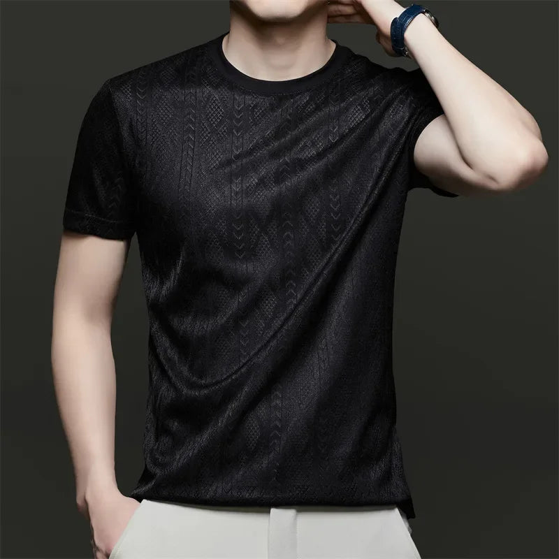 Men's Ice-Silk Jacquard Tee - Crew Neck, Cool-Touch Hollow Mesh