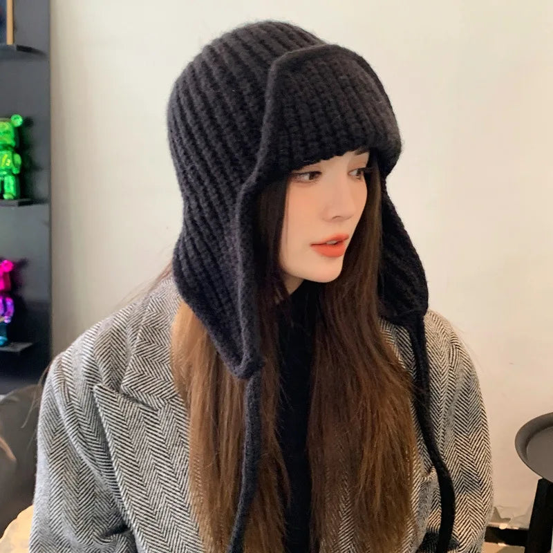 Winter Warm Knitted Hat Women  Earflap Beanie Super Soft Thickened Windproof Cold Weather Fashion Cap for Autumn Thick