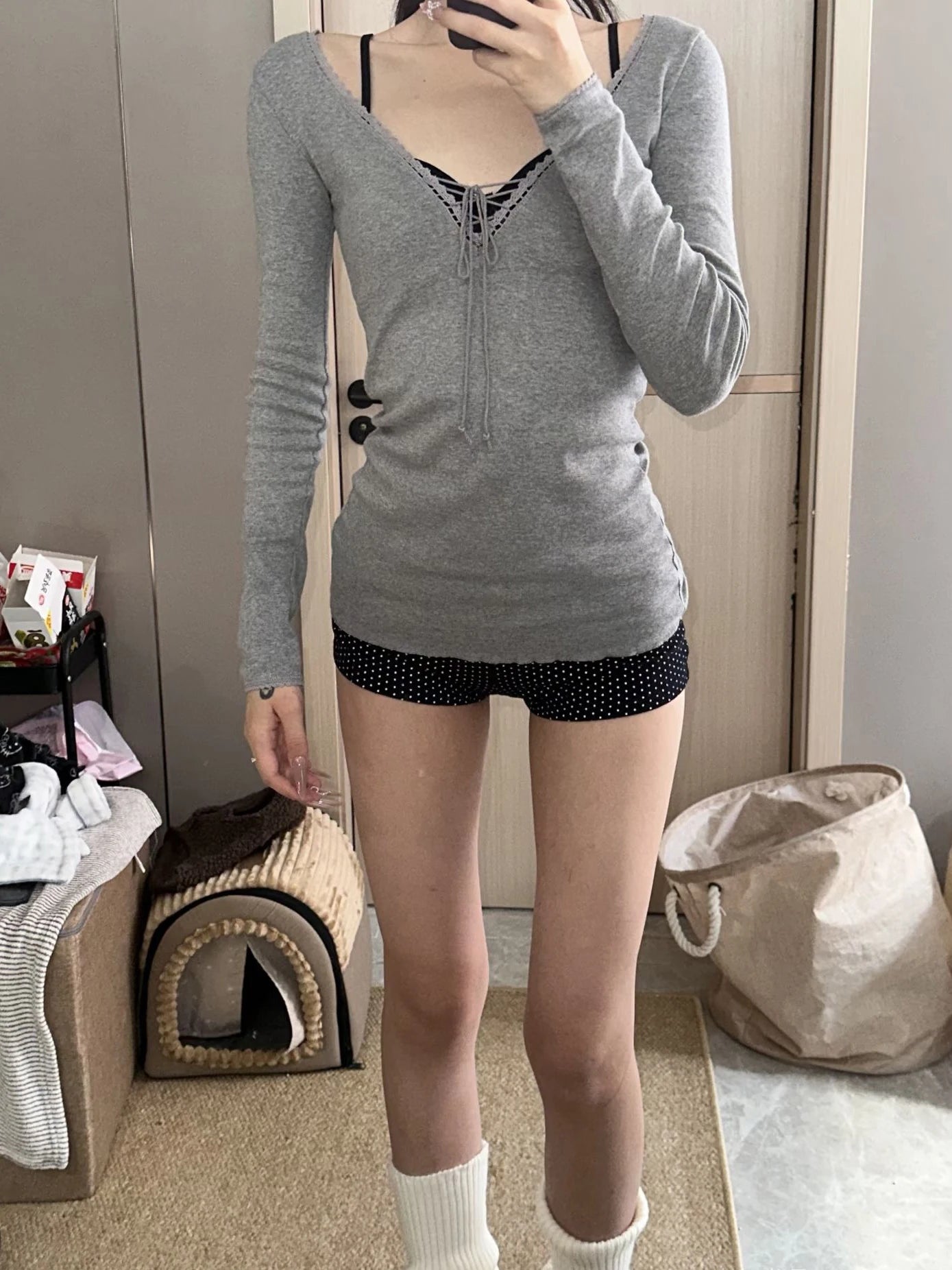 Bandage Lace Trim Long Sleeve T-shirt Autumn Sexy V-neck Cotton Slim Tshirt Top Female Casual Simple Solid Elegant Woman's Tees