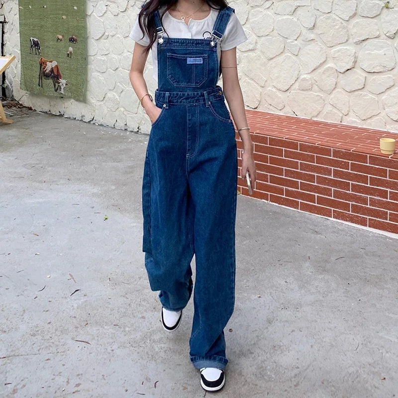 New Summer Fashion Denim Jumpsuits for Women Wide Leg Jeans Overalls Korean Baggy Suspender Pants Korean Streetwear Trousers