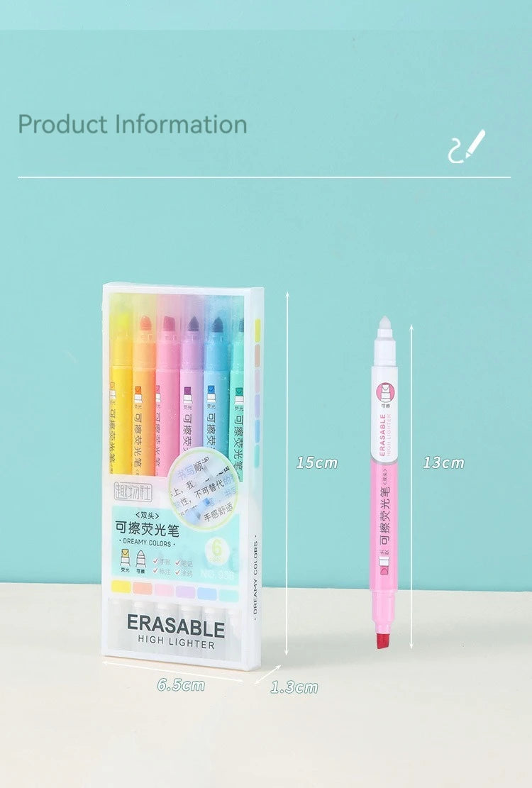 6pcs Erasable Highlighters Pastel Markers Dual Tip Fluorescent Pen for Art Drawing Doodling Marking School Office Stationery