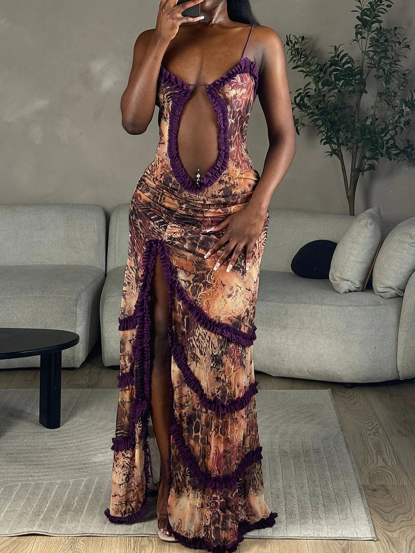 Women's sexy line hollow high slit dress with pleated lace slit dress