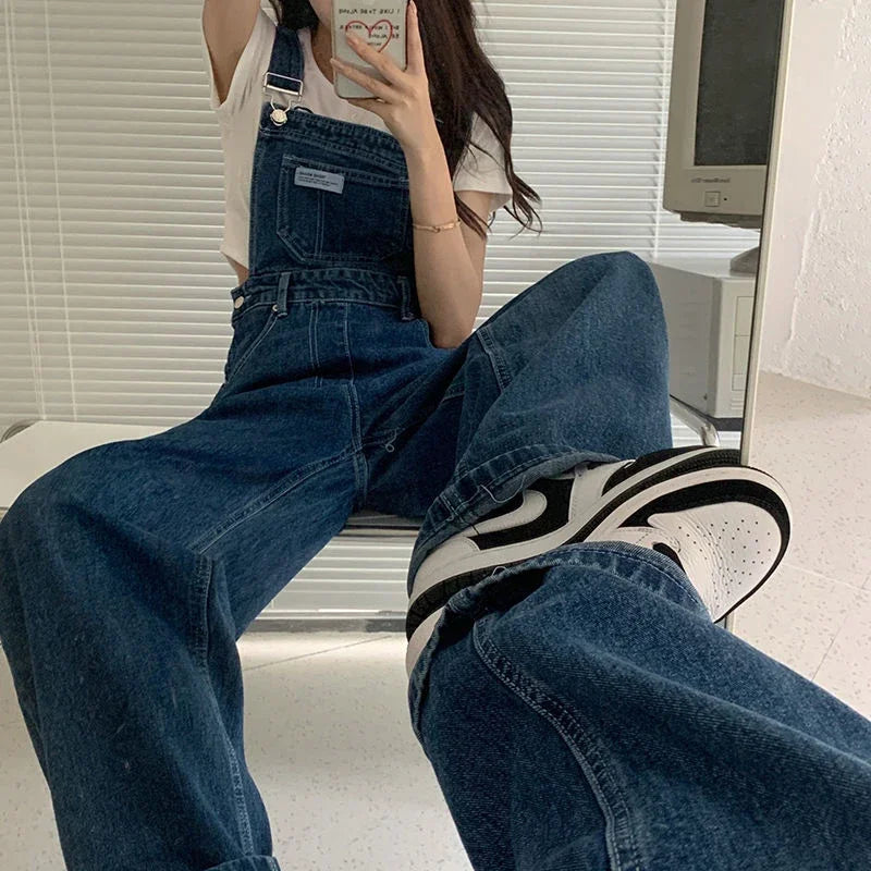 New Summer Fashion Denim Jumpsuits for Women Wide Leg Jeans Overalls Korean Baggy Suspender Pants Korean Streetwear Trousers