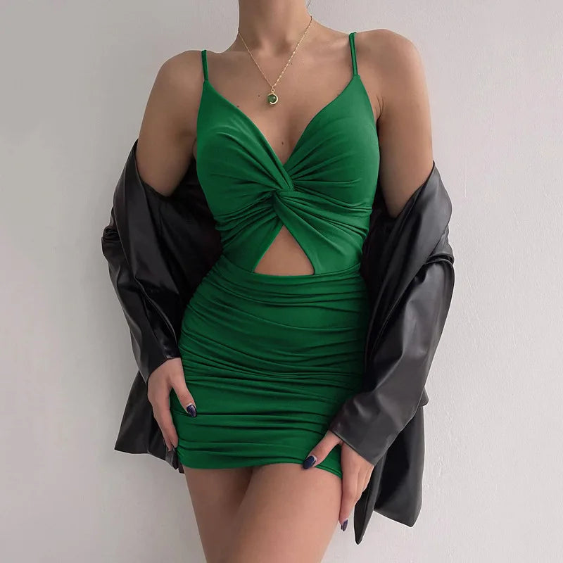 Women's Spaghetti Strap Backless Bodycon Mini Dress – Ruched Wrap Hip Dress | S–L (Black, Green, Blue)