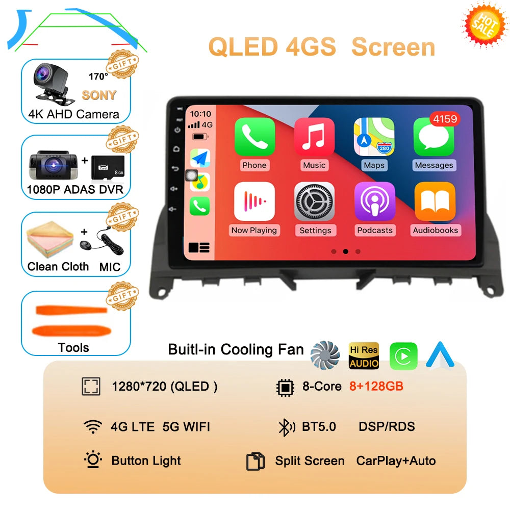 Car Stereo with Apple CarPlay & Android Auto, Compatible with Mercedes-Benz C-Class W204 S204 (C180 C220)