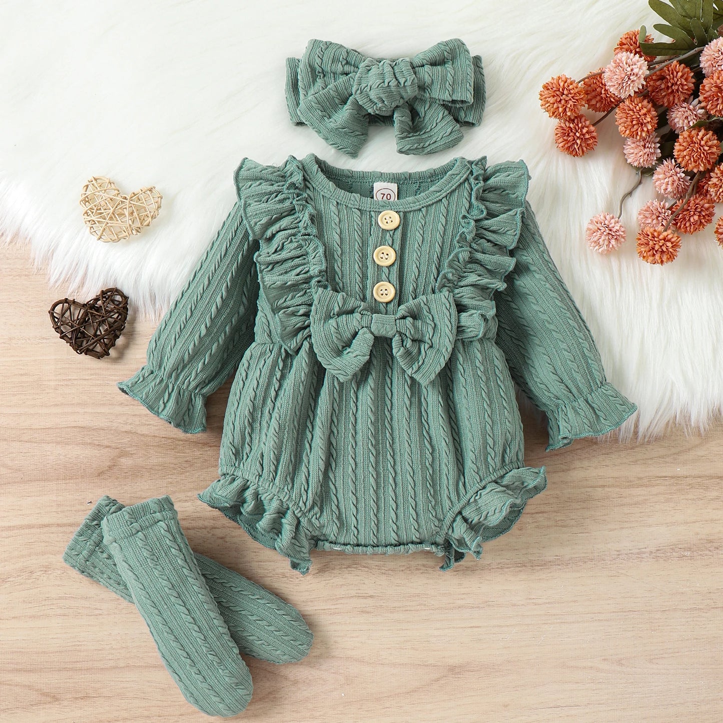 Infant Newborn Baby Girls 3Pcs Spring Autumn Outfits, Long Sleeve Button Front Ruffle Romper + Socks + Headband Set