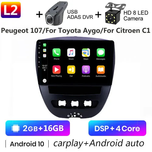 Android 10 2 Din Car Multimedia Player For Peugeot 107 Toyota Aygo Citroen C1 2005-2014 Head Unit Stereo GPS Navigation BT WIFI