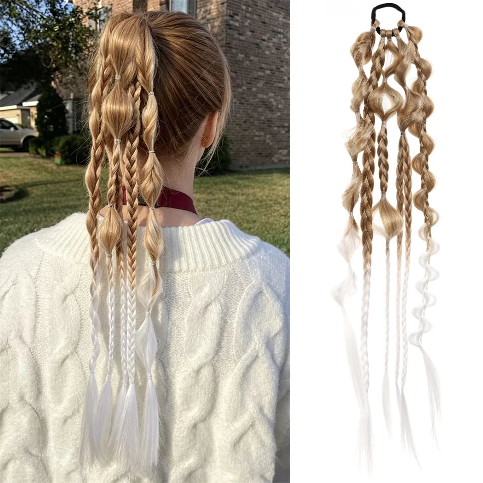 24Inch Synthetic Long Braided Bubble Ponytail Wig Extensions Lightweight With Elastic Band Wig Accessories For Women Party Use