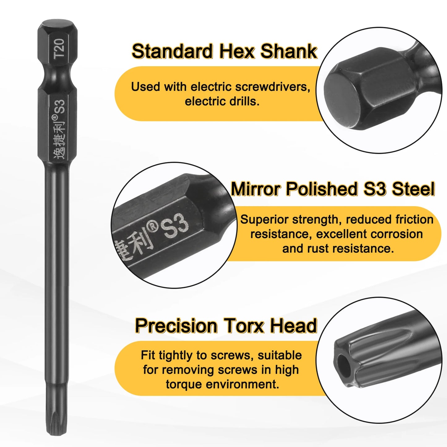 3pcs T6 T7 T8 T9 T10 T15 T20 T25 T27 T30 T40 Torx Screwdriver Bit 1/4" Hex Shank 75mm/100mm Magnetic Tamper Proof Star Hex Bits
