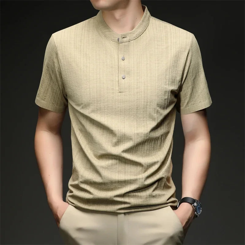 Men's Mandarin Collar Henley - Three-Button, Breathable Slim Fit