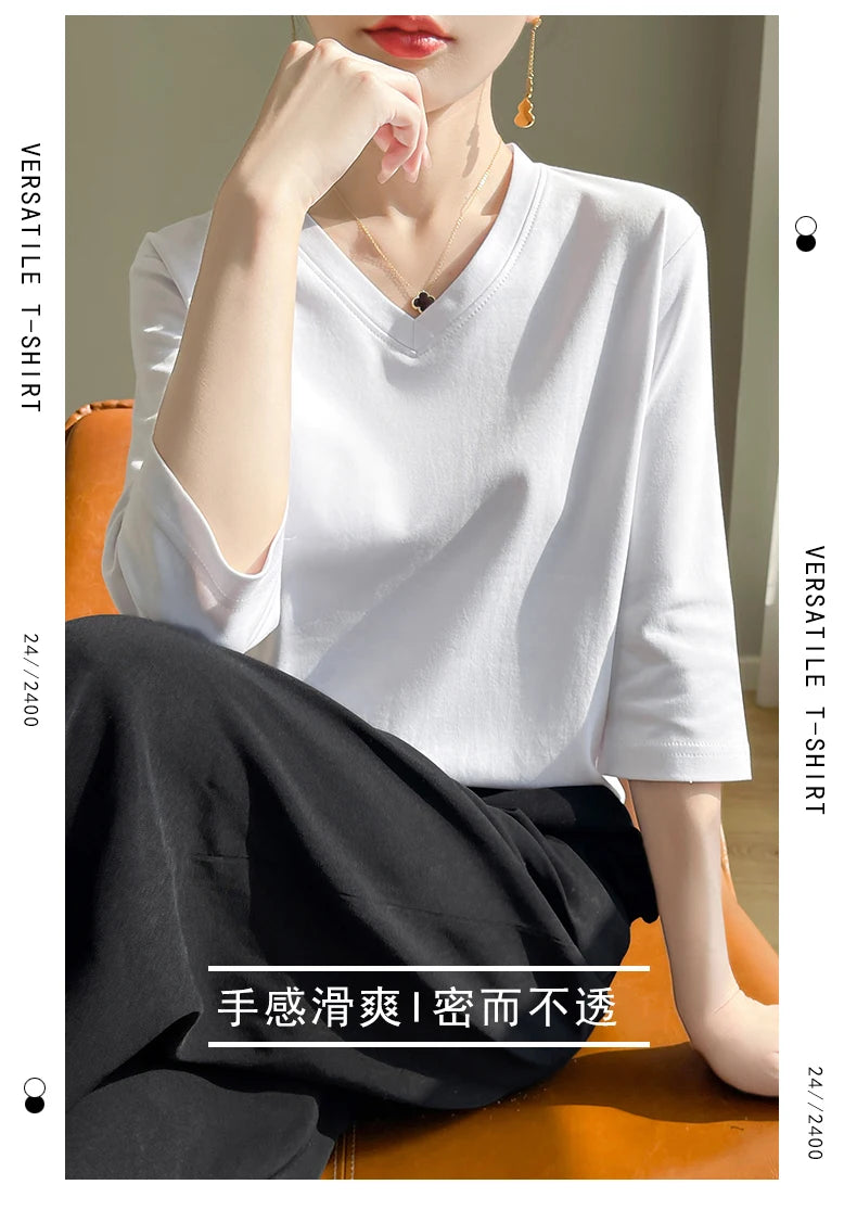 Spring And Summer New Cotton V-neck T-shirt Short-Sleeved Women's Half-Sleeve Bottoming Shirt High-End Cropped Sleeve Top