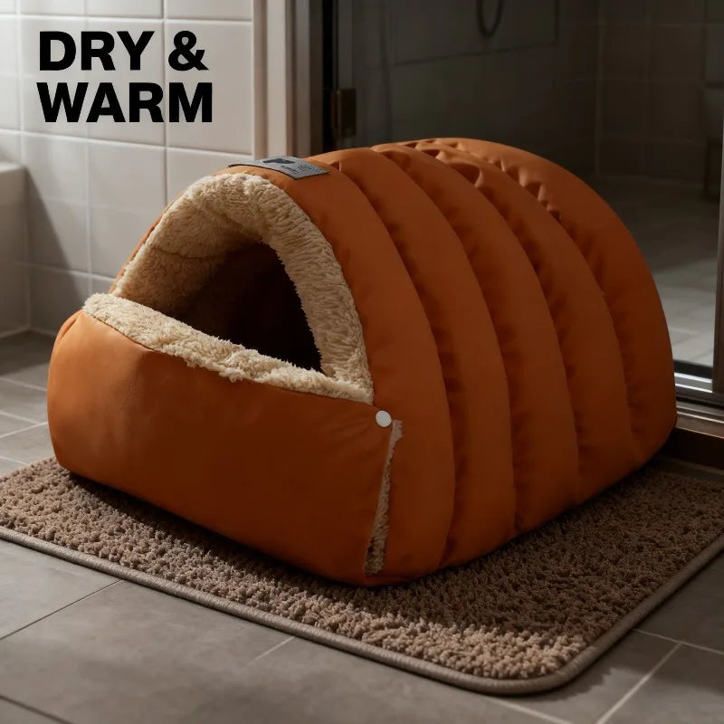 Semi-Enclosed Winter Cat Bed with Leather-Look Edging - Windproof – photo 3