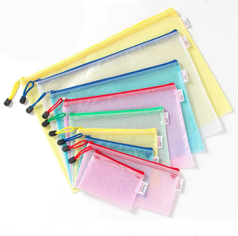 10PCS Stationery Storage Folder File Mesh Zipper Pouch Document Bag Office and Educational Supplies Storage Students Stationery