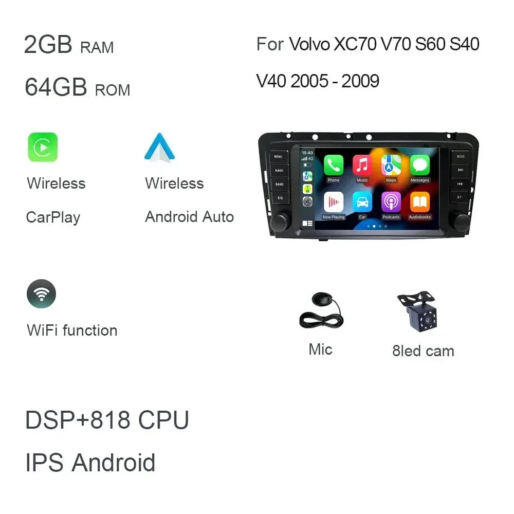 8" Car Stereo with Apple CarPlay & Android Auto, Compatible with Volvo XC70 V70 S60 S40 & V40