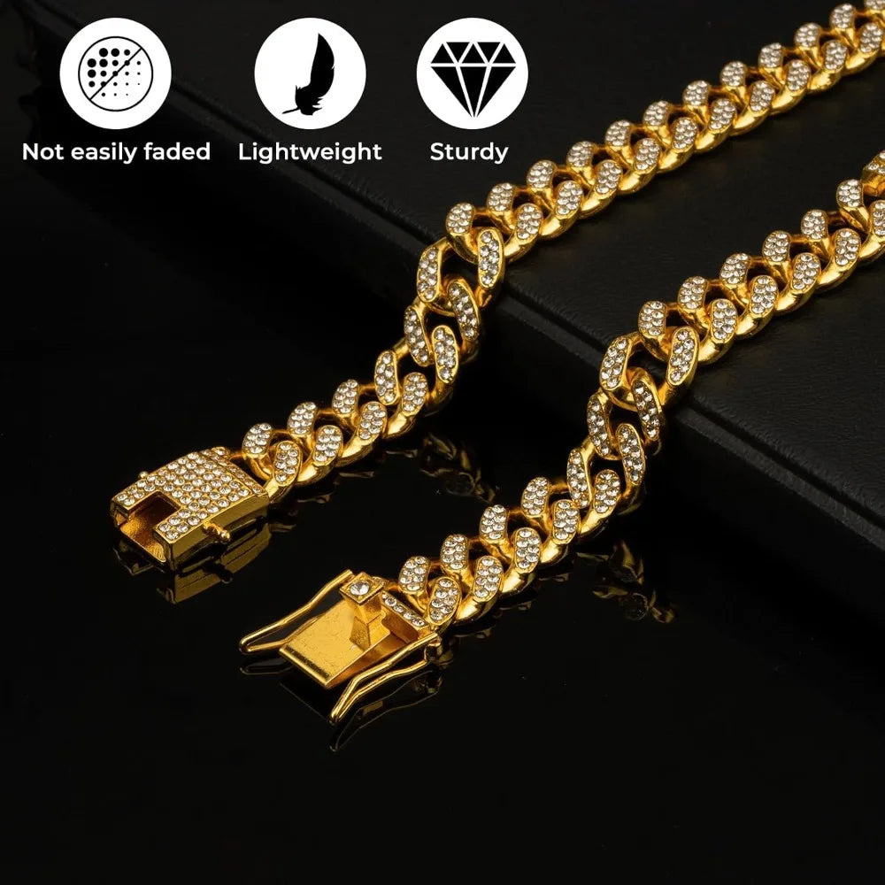 Gold Dog Chain Diamond Dog Collar Walking Metal Secure Buckle Pet Collar Jewelry Accessories Necklace for Small Medium Large Cat
