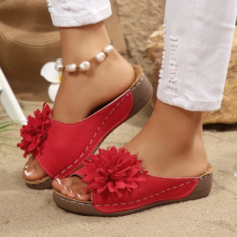 Floral Wedge Sandals for Women — Slip-On Comfortable Summer Casual Shoes
