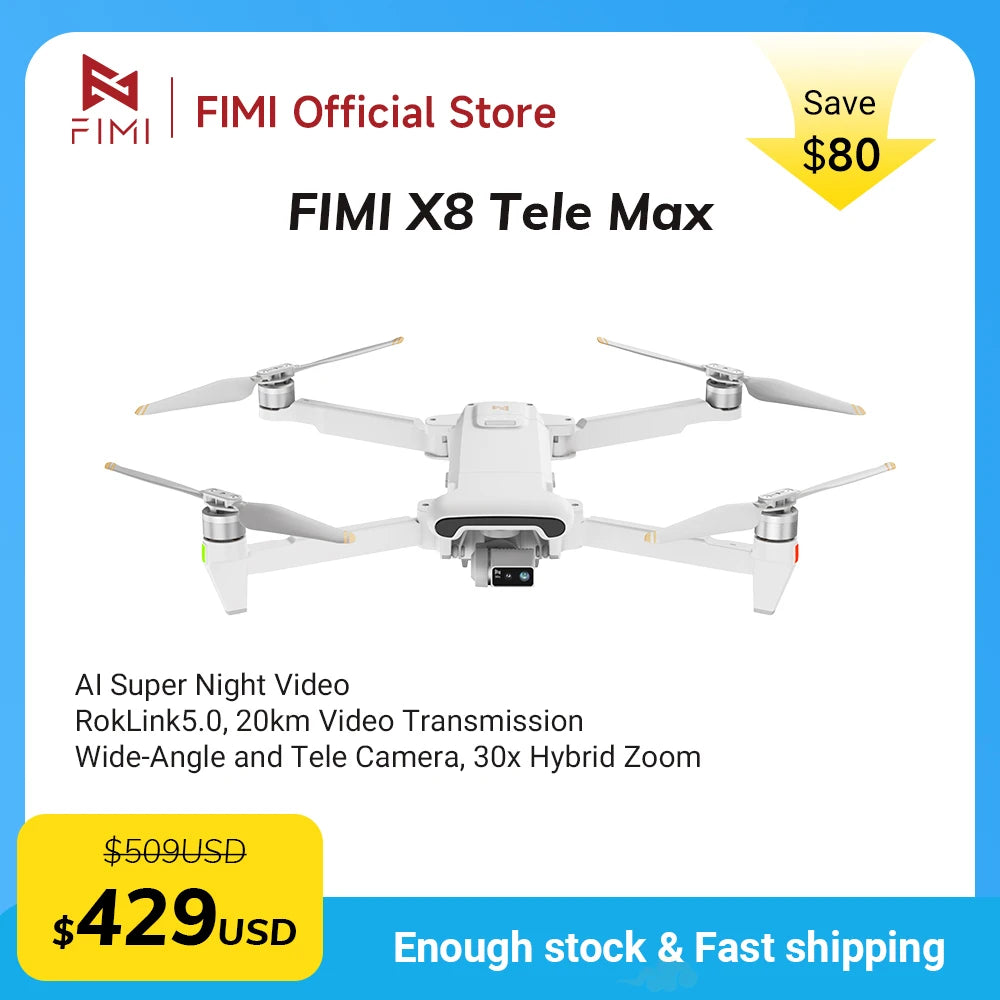 FIMI X8 Tele Max drone 20KM range with Wide-Angle Tele Camera 30x Hybrid Zoom 4K 60fps 3-axis Gimbal GPS AI Super Night Video