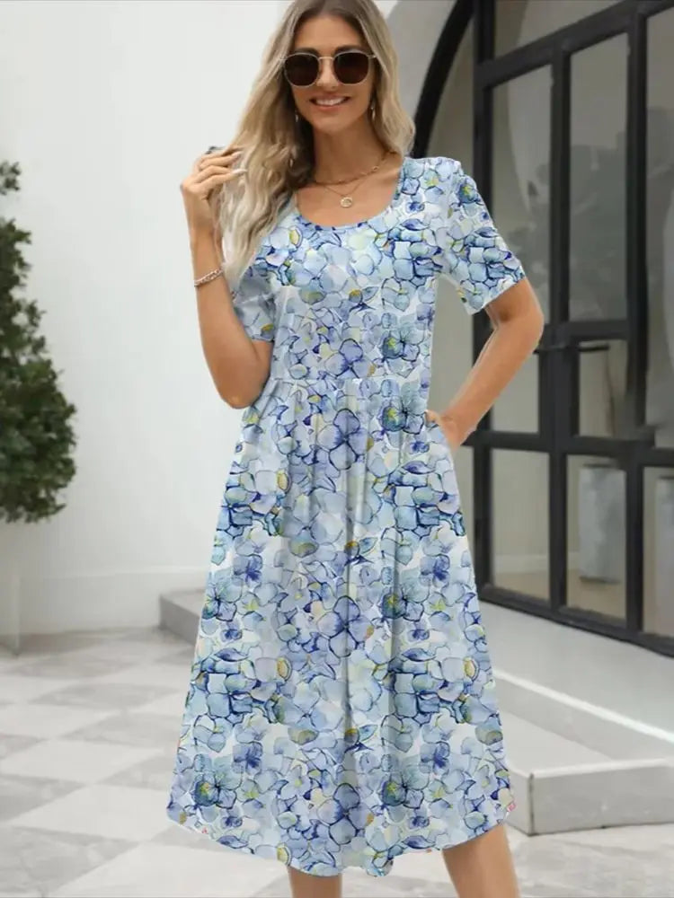2024 Europe and the United States summer new women's fashion elegant printed round neck short sleeve zipper dress