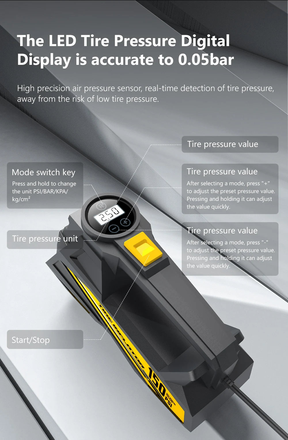 CARSUN Corded Portable Car Air Pump 12V 150PSI Electric Tire Inflator Pump Motorcycle Bike Ball LED Light Car Air Compressor