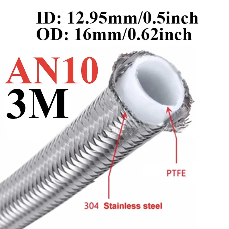 1M/2M/3M/5M AN3 AN4 AN6 AN8 AN10 Racing Hose 304 Stainless Steel Braided PTFE Brake Hose Fuel Oil Line Oil Cooler Hose Pipe