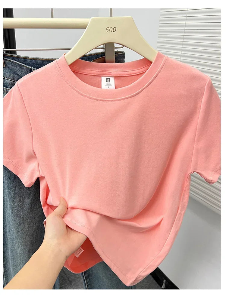 Women's Solid Short Sleeve Tee — Casual Y2K Top
