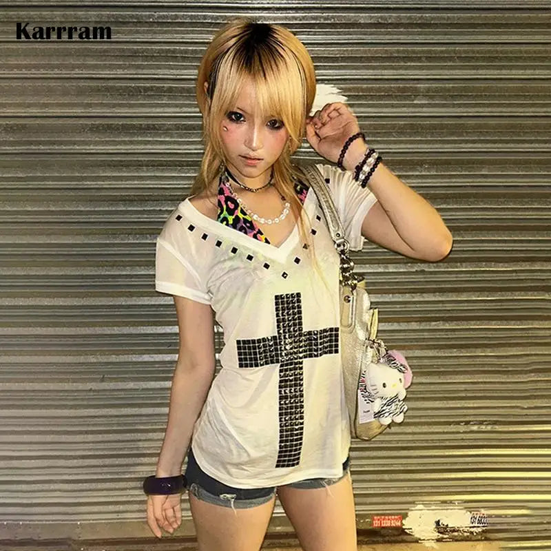 Women's Y2K Cross-Print Sheer Tee — V-Neck Vintage Harajuku Grunge Top
