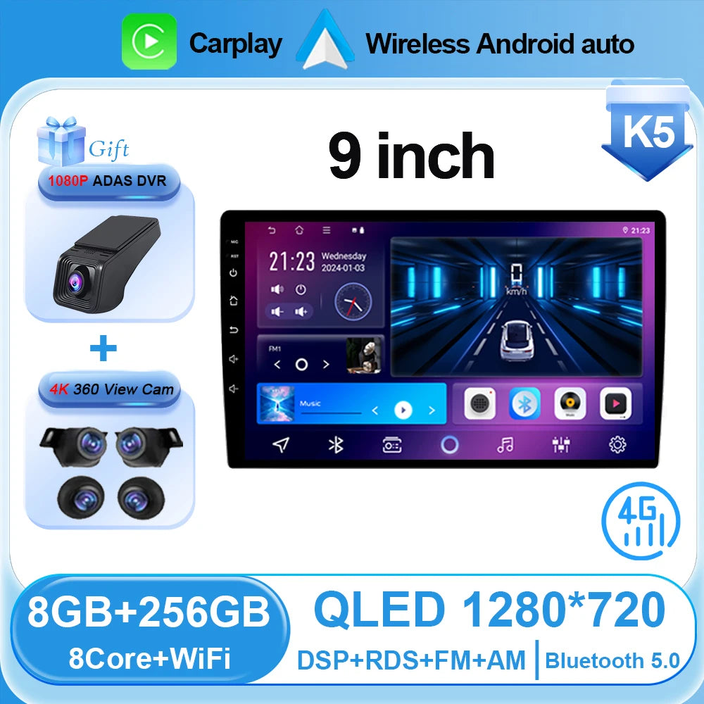Universal 2-DIN Android Car Stereo (9"/10") — CarPlay, Android Auto, GPS, QLED Screen, Bluetooth