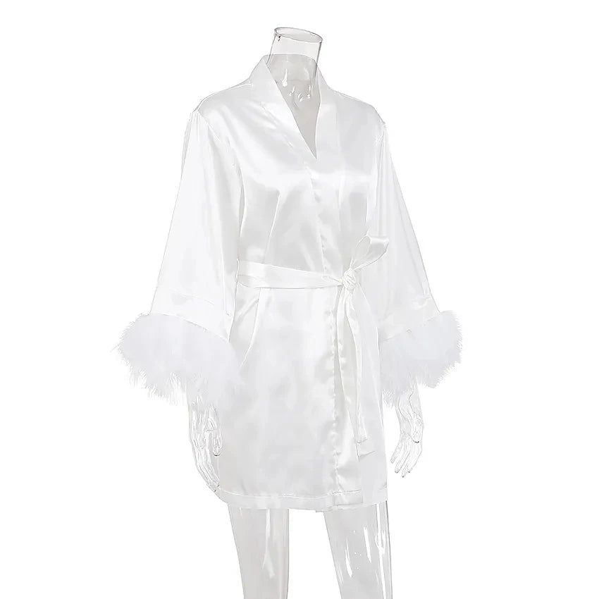 Women's Satin Robe with Feather Trim, Bridal Robe