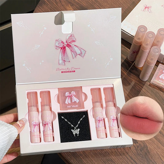 6 Piece Matte Lipstick Makeup Gift Set - Velvet Lip Glaze and Blush Palette