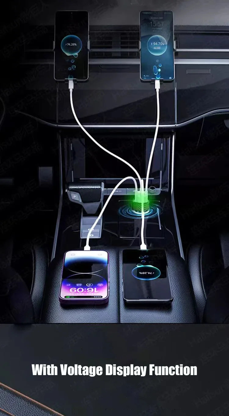 USB-C Car Charger 4-in-1 Dual PD Fast Charge with Voltage Display – iPhone, Samsung, Xiaomi
