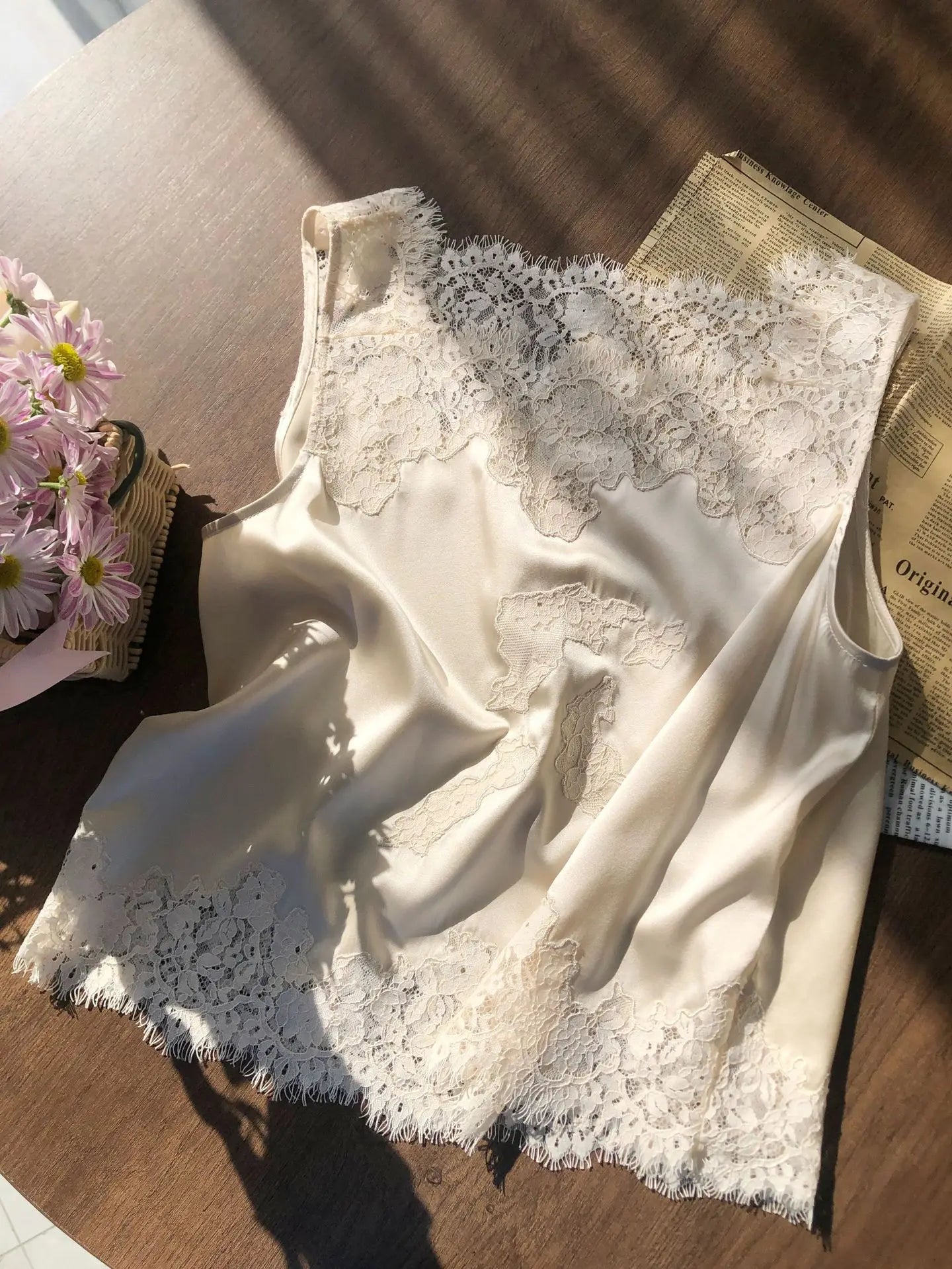 Soft Satin Lace Romantic French Lace Embroidered Satin Silk Sleeveless Vest Shorts