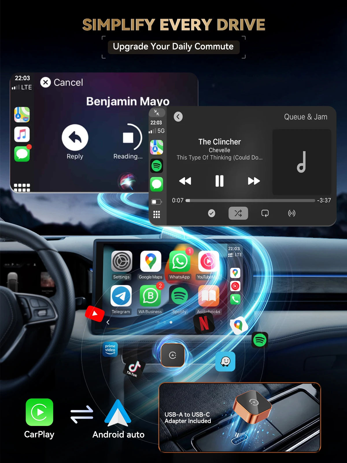 Wireless CarPlay & Android Auto Adapter (USB-C) — Converts Wired to Wireless, Plug & Play Auto-Connect