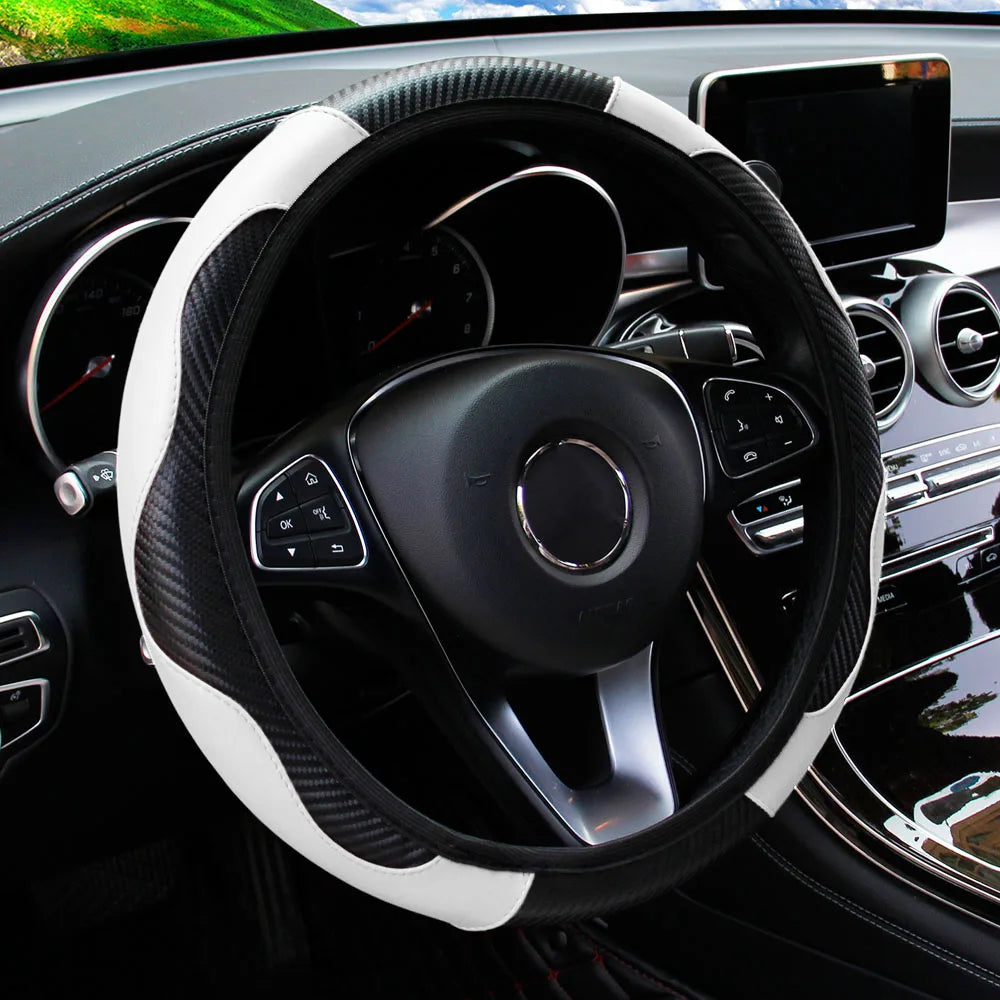 Carbon Fiber PU Leather Steering Wheel Cover – Universal Fit 14.5–15 Inch | Anti-Slip Car Interior Accessory