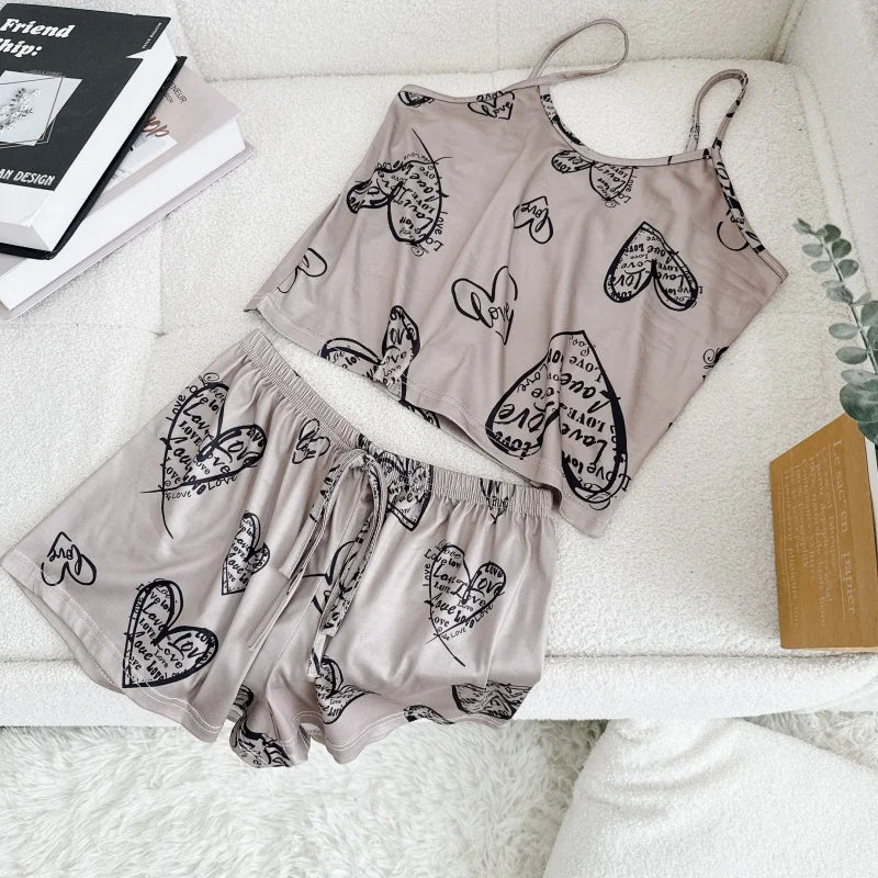 Women Casual Pajama Ladies Sexy Sleepwear Print Round Neck Ice Silk Top T-Shirt and Shorts Sets Breathable Comfortable Home Wear